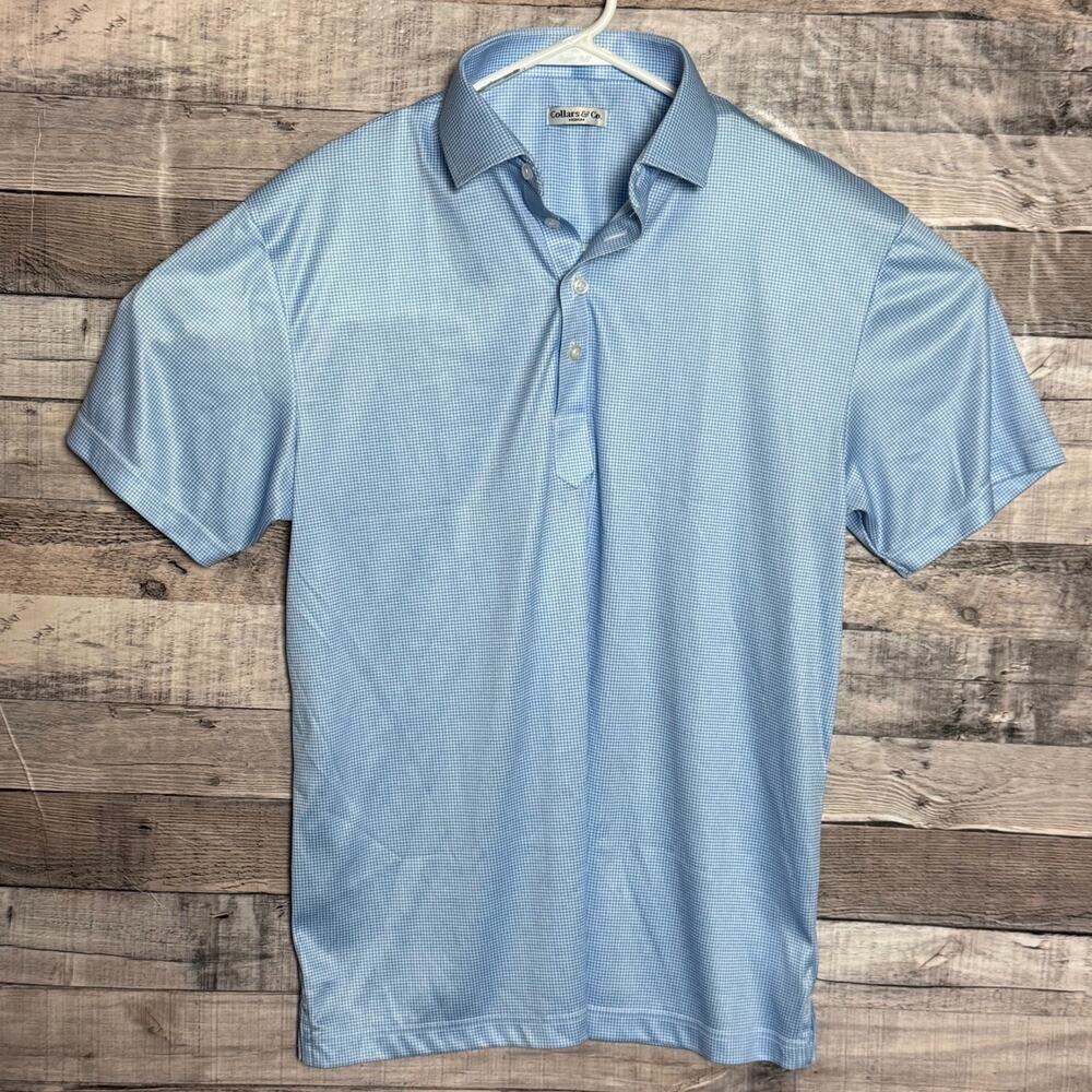 Collars and Co Stretch Polo Shirt Mens Medium Blue Checkered Business Casual